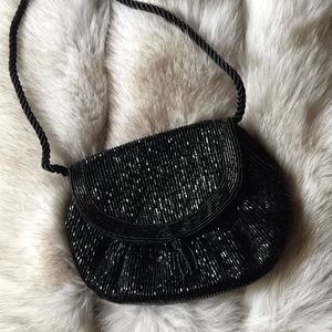 Black Beaded Leather Shoulder Bag